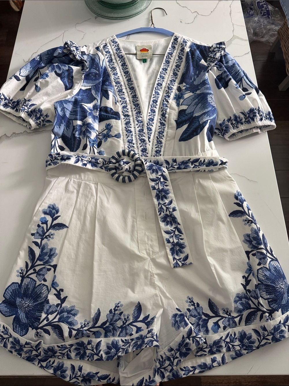 FARM Rio White Romper with Blue Floral Embroidery